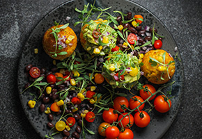 Cornbread Aebleskiver with Guacamole and Black Bean Salad